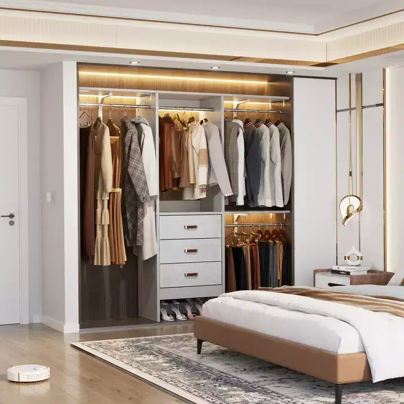 Système d'organisation de placard Besiost 5FT avec tiroirs en tissu, penderie de placard avec tringles de suspension