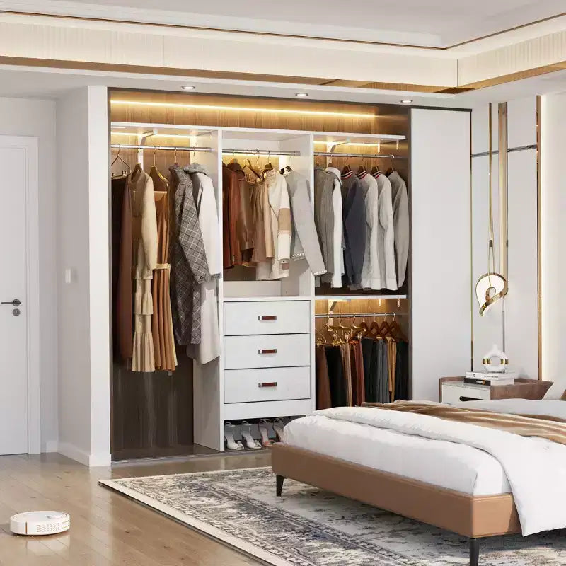 Système d'organisation de placard Besiost 5FT avec tiroirs en tissu, penderie de placard avec tringles de suspension