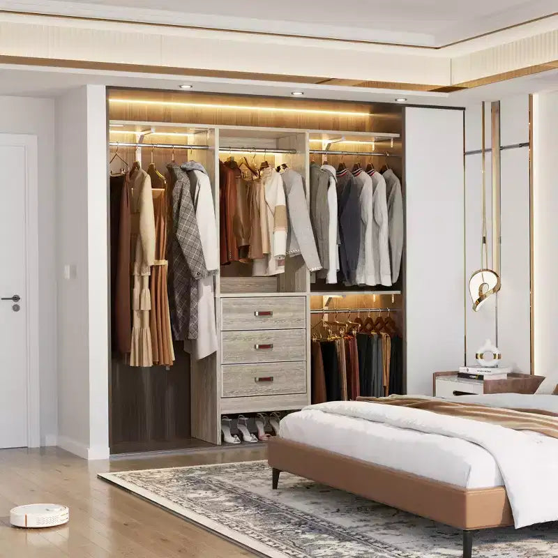 Système d'organisation de placard Besiost 5FT avec tiroirs en tissu, penderie de placard avec tringles de suspension