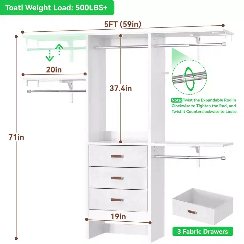 Système d'organisation de placard Besiost 5FT avec tiroirs en tissu, penderie de placard avec tringles de suspension