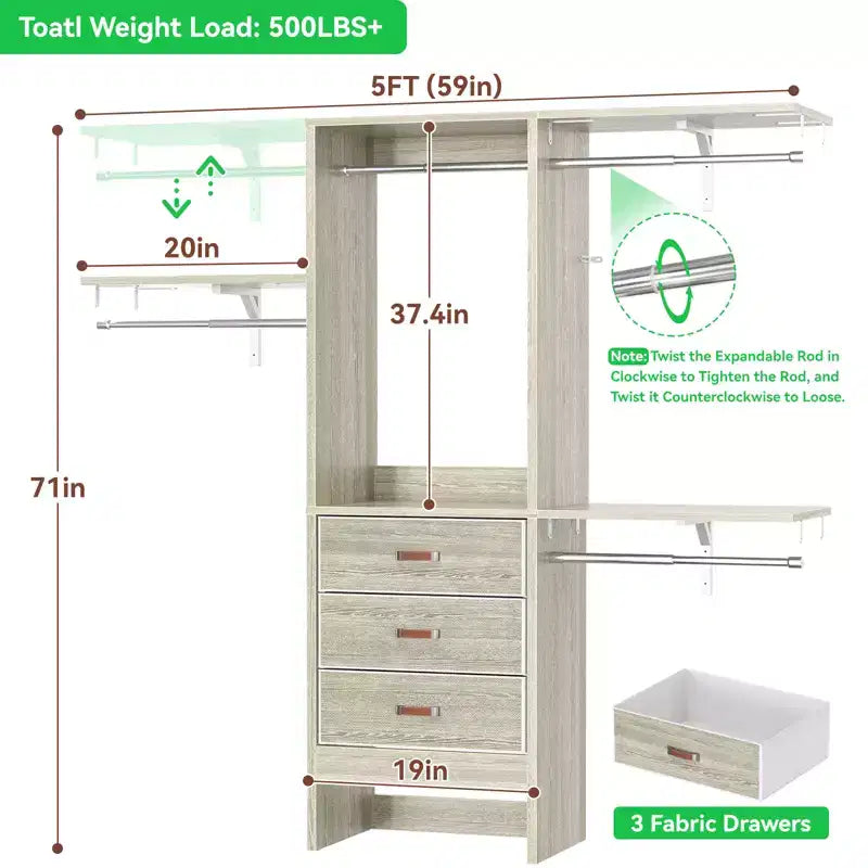 Système d'organisation de placard Besiost 5FT avec tiroirs en tissu, penderie de placard avec tringles de suspension