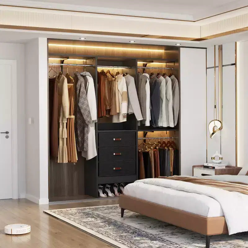 Système d'organisation de placard Besiost 5FT avec tiroirs en tissu, penderie de placard avec tringles de suspension