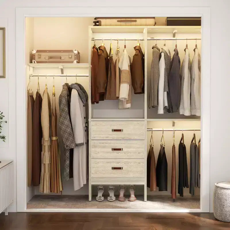 Besiost 5FT Closet Organizer System with Fabric Drawers, Closet Wardrobe with Hanging Rods