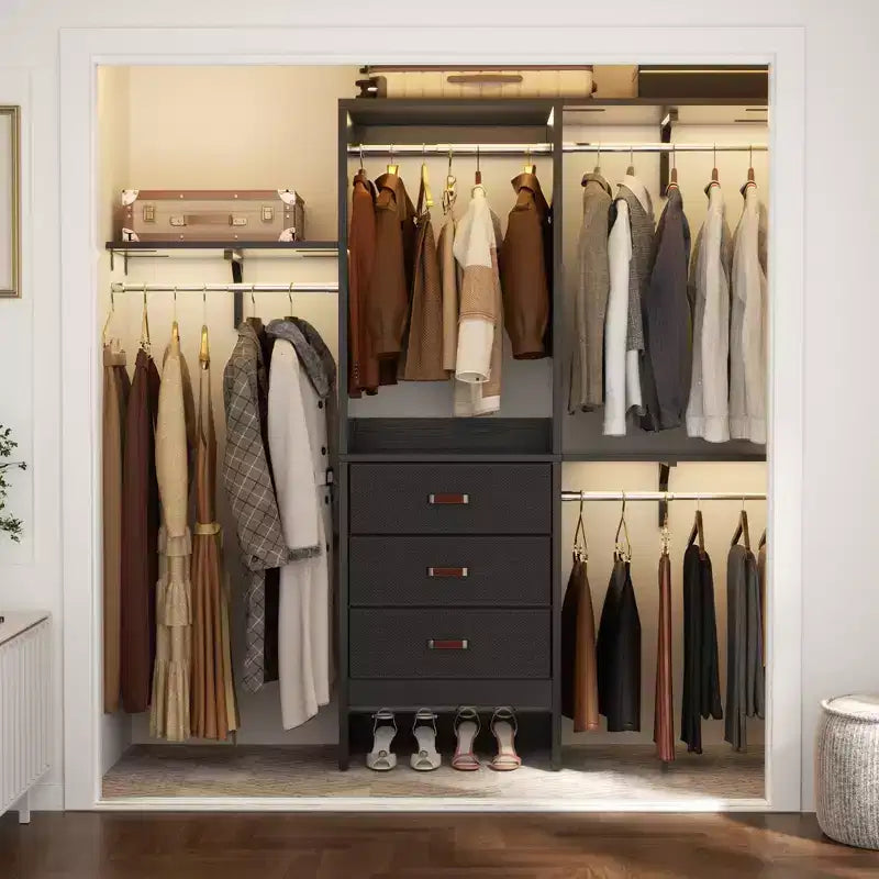 Système d'organisation de placard Besiost 5FT avec tiroirs en tissu, penderie de placard avec tringles de suspension