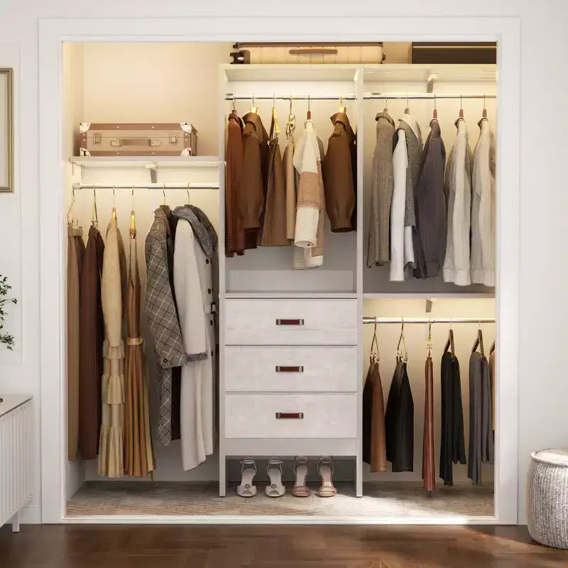 Système d'organisation de placard Besiost 5FT avec tiroirs en tissu, penderie de placard avec tringles de suspension