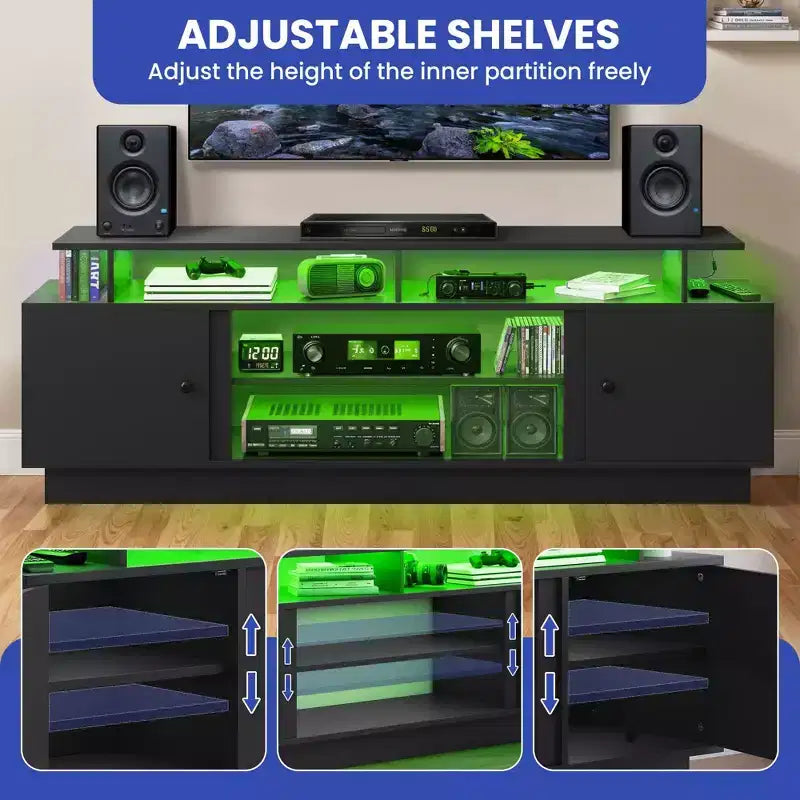 Meuble TV avec cheminée, LED et meuble de rangement, Meuble TV noir avec cheminée électrique de 36 pouces pour téléviseurs de 65/70 pouces pour le salon