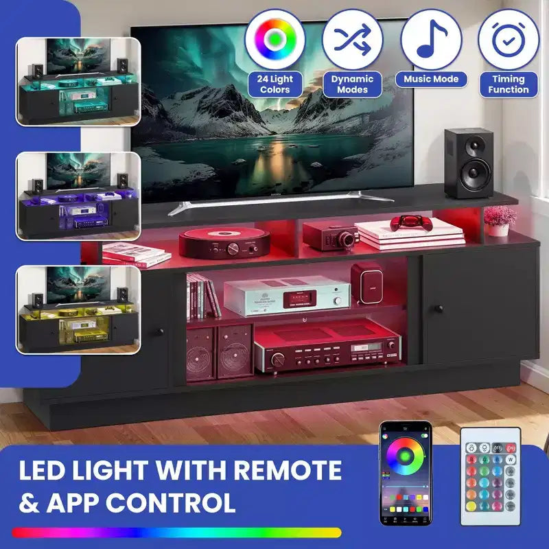 Meuble TV avec cheminée, LED et meuble de rangement, Meuble TV noir avec cheminée électrique de 36 pouces pour téléviseurs de 65/70 pouces pour le salon