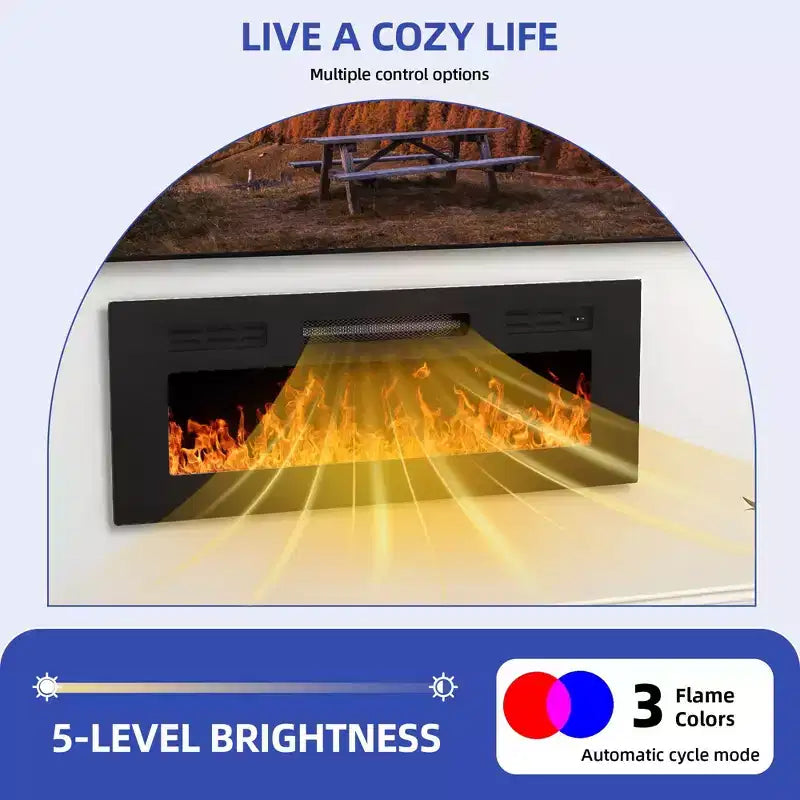 Meuble TV avec cheminée, LED et meuble de rangement, Meuble TV noir avec cheminée électrique de 36 pouces pour téléviseurs de 65/70 pouces pour le salon