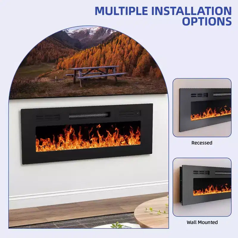 Meuble TV avec cheminée, LED et meuble de rangement, Meuble TV noir avec cheminée électrique de 36 pouces pour téléviseurs de 65/70 pouces pour le salon