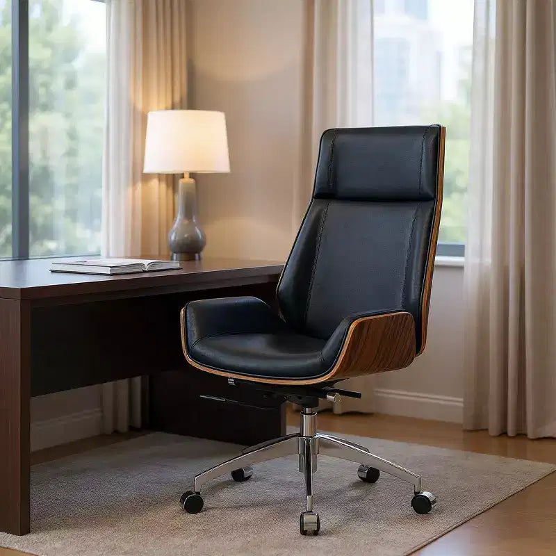 Chaise de bureau exécutive HomeRoots, réglable en hauteur, pivotante et à roulettes, en bois de rose noir et argent