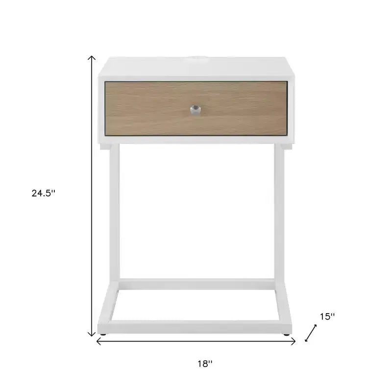 Table d'appoint HomeRoots 25 blanche en bois naturel et acier avec tiroir et port USB