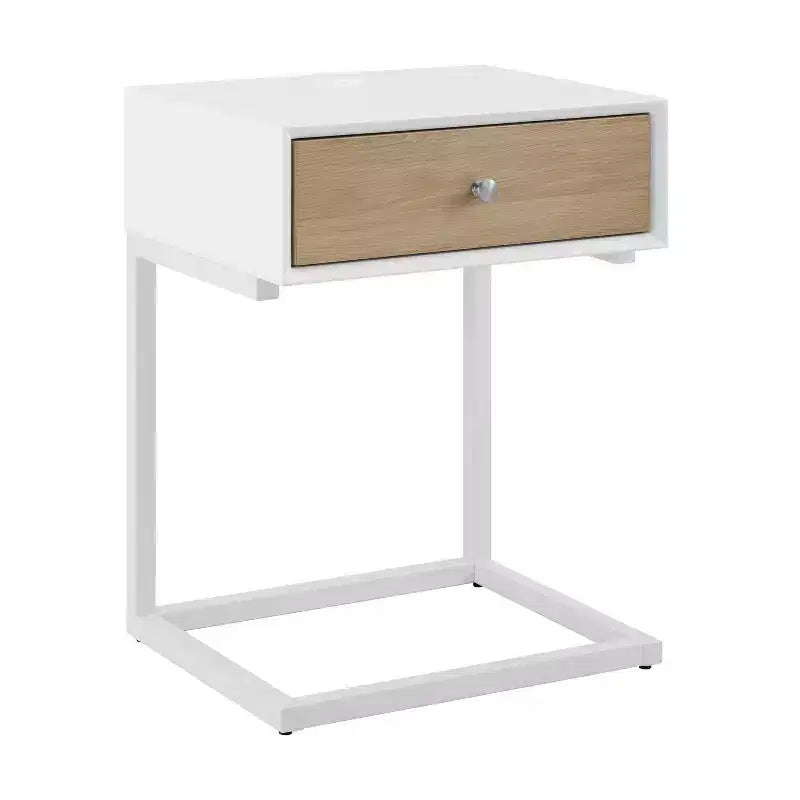 Table d'appoint HomeRoots 25 blanche en bois naturel et acier avec tiroir et port USB