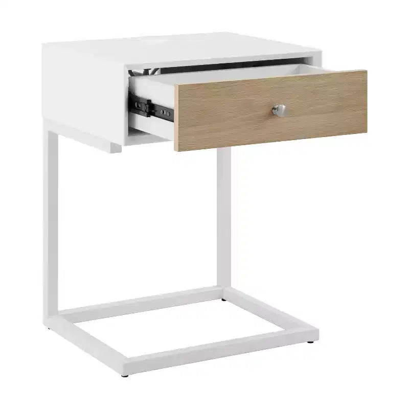 Table d'appoint HomeRoots 25 blanche en bois naturel et acier avec tiroir et port USB
