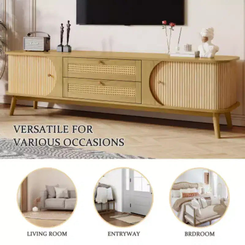 Meuble TV pour téléviseurs de 75 pouces, meuble de divertissement moderne en bois avec 2 armoires et 2 tiroirs, table console avec pieds en bois robustes