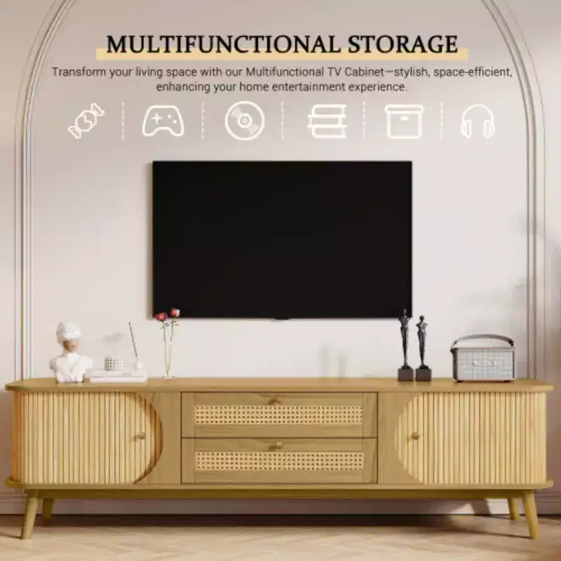Meuble TV pour téléviseurs de 75 pouces, meuble de divertissement moderne en bois avec 2 armoires et 2 tiroirs, table console avec pieds en bois robustes