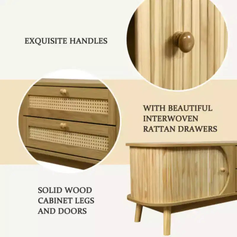 Meuble TV pour téléviseurs de 75 pouces, meuble de divertissement moderne en bois avec 2 armoires et 2 tiroirs, table console avec pieds en bois robustes
