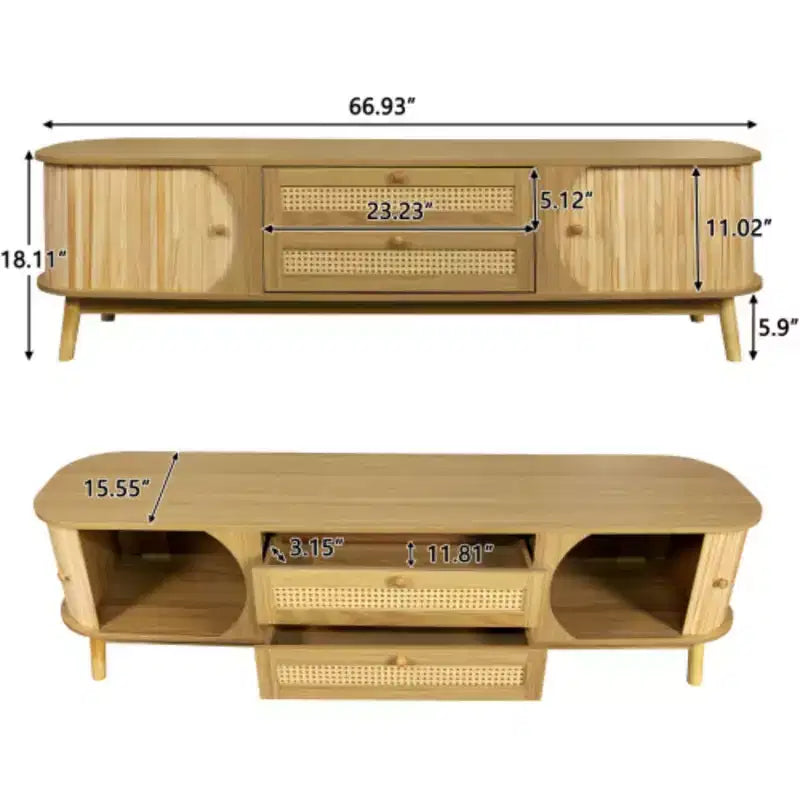 Meuble TV pour téléviseurs de 75 pouces, meuble de divertissement moderne en bois avec 2 armoires et 2 tiroirs, table console avec pieds en bois robustes