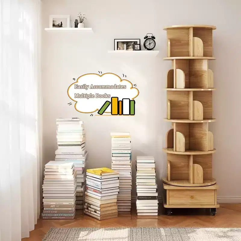 JVNOXK Bibliothèque tournante à 6 niveaux, étagère rotative ronde à 360° avec roulettes et tiroir, peu encombrante, bois pour petits espaces