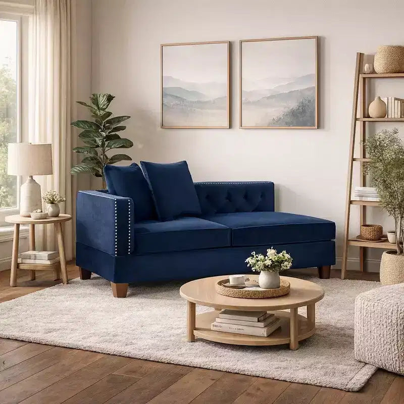 Chaise longue réversible Royal Hampton 58 po avec accoudoir, 2 coussins, garniture cloutée, indigo