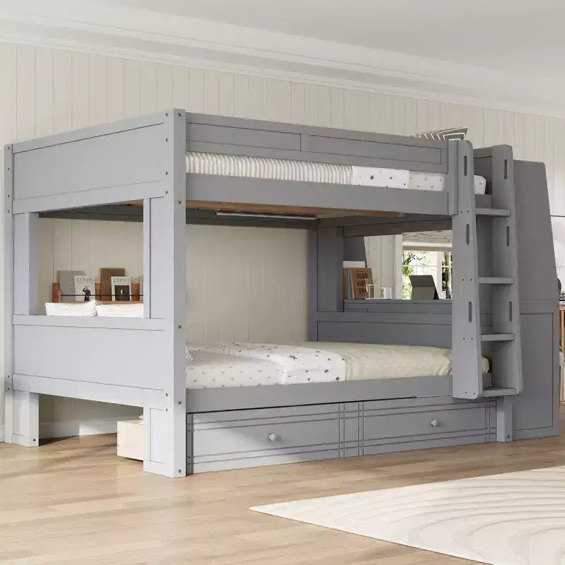 Lit superposé pleine grandeur et cadre de lit Whisen avec bureau et étagères, tiroirs, échelle