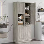 MAYEERTY Armoire de rangement haute avec étagères réglables, panier basculant, MDF et poignées en aluminium
