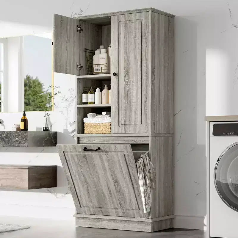MAYEERTY Armoire de rangement haute avec étagères réglables, panier basculant, MDF et poignées en aluminium