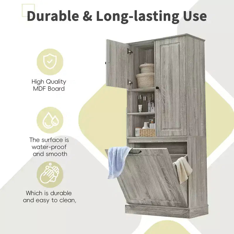 MAYEERTY Armoire de rangement haute avec étagères réglables, panier basculant, MDF et poignées en aluminium
