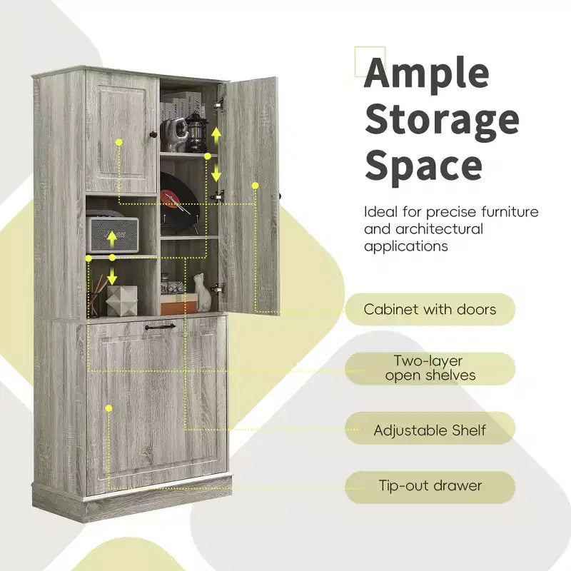MAYEERTY Armoire de rangement haute avec étagères réglables, panier basculant, MDF et poignées en aluminium