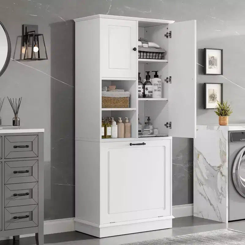 MAYEERTY Armoire de rangement haute avec étagères réglables, panier basculant, MDF et poignées en aluminium