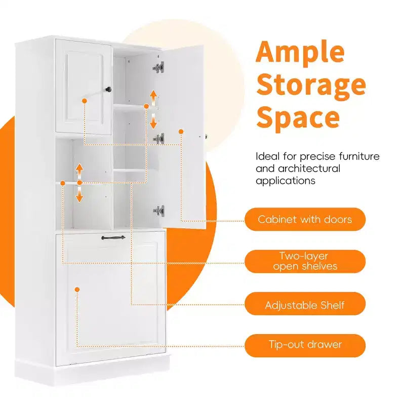 MAYEERTY Armoire de rangement haute avec étagères réglables, panier basculant, MDF et poignées en aluminium