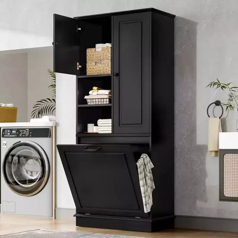 MAYEERTY Armoire de rangement haute avec étagères réglables, panier basculant, MDF et poignées en aluminium