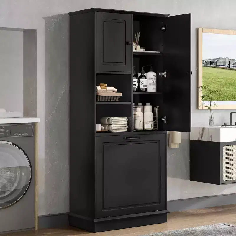 MAYEERTY Armoire de rangement haute avec étagères réglables, panier basculant, MDF et poignées en aluminium