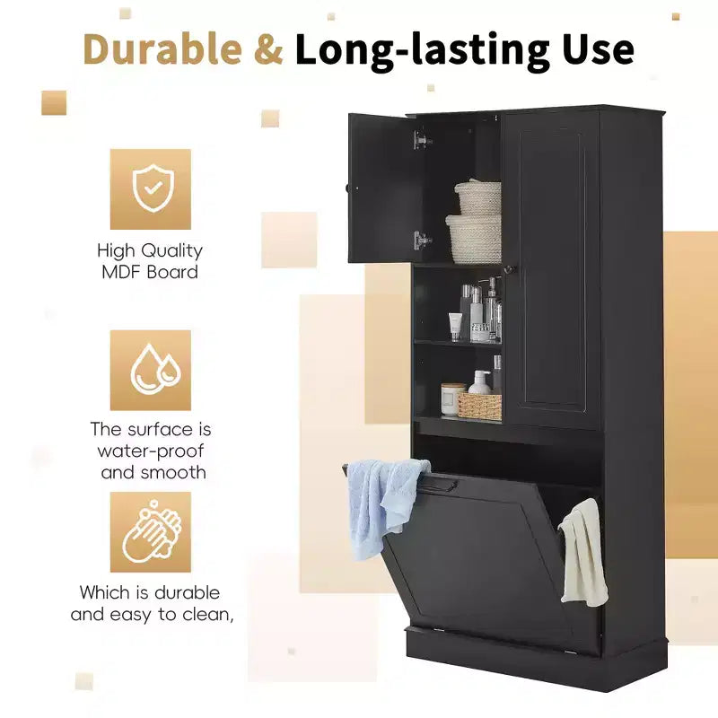 MAYEERTY Armoire de rangement haute avec étagères réglables, panier basculant, MDF et poignées en aluminium