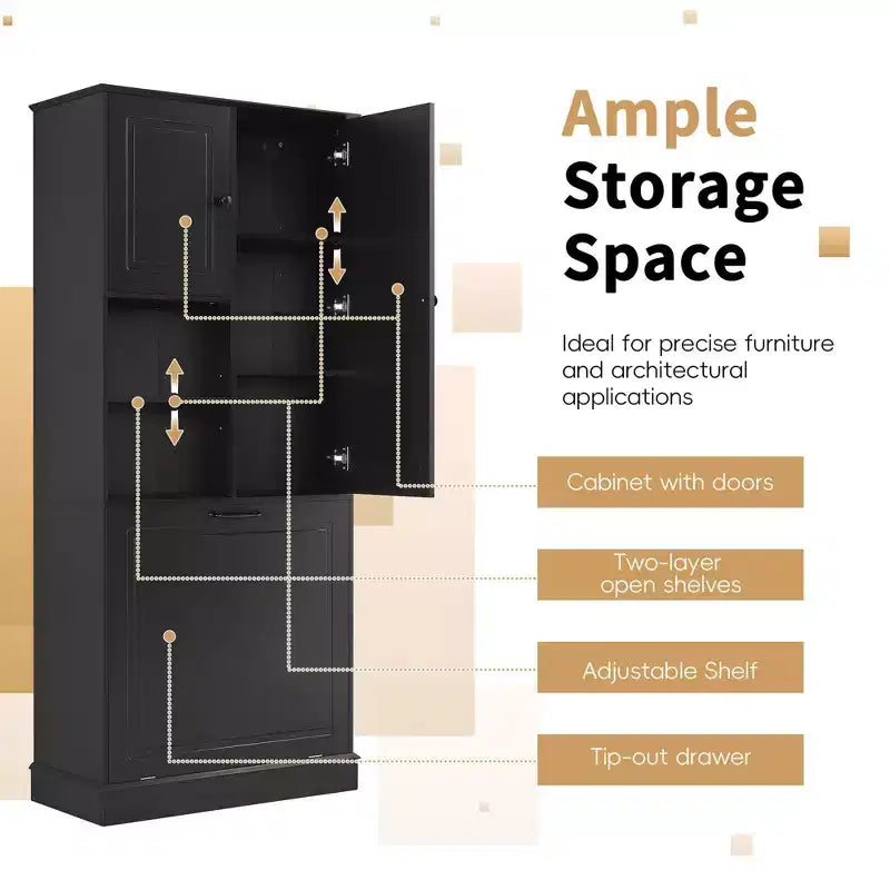 MAYEERTY Armoire de rangement haute avec étagères réglables, panier basculant, MDF et poignées en aluminium