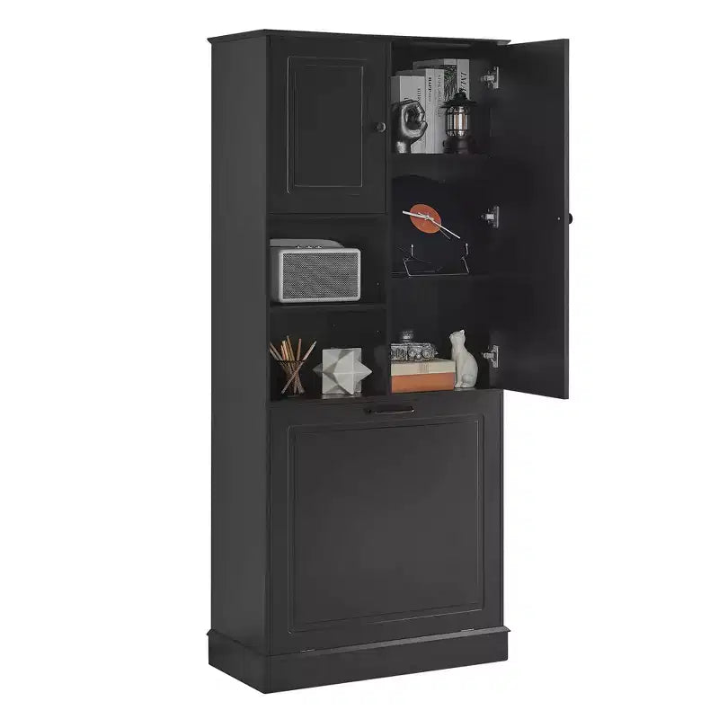 MAYEERTY Armoire de rangement haute avec étagères réglables, panier basculant, MDF et poignées en aluminium