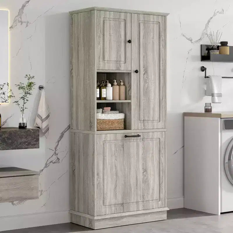 MAYEERTY Armoire de rangement haute avec étagères réglables, panier basculant, MDF et poignées en aluminium