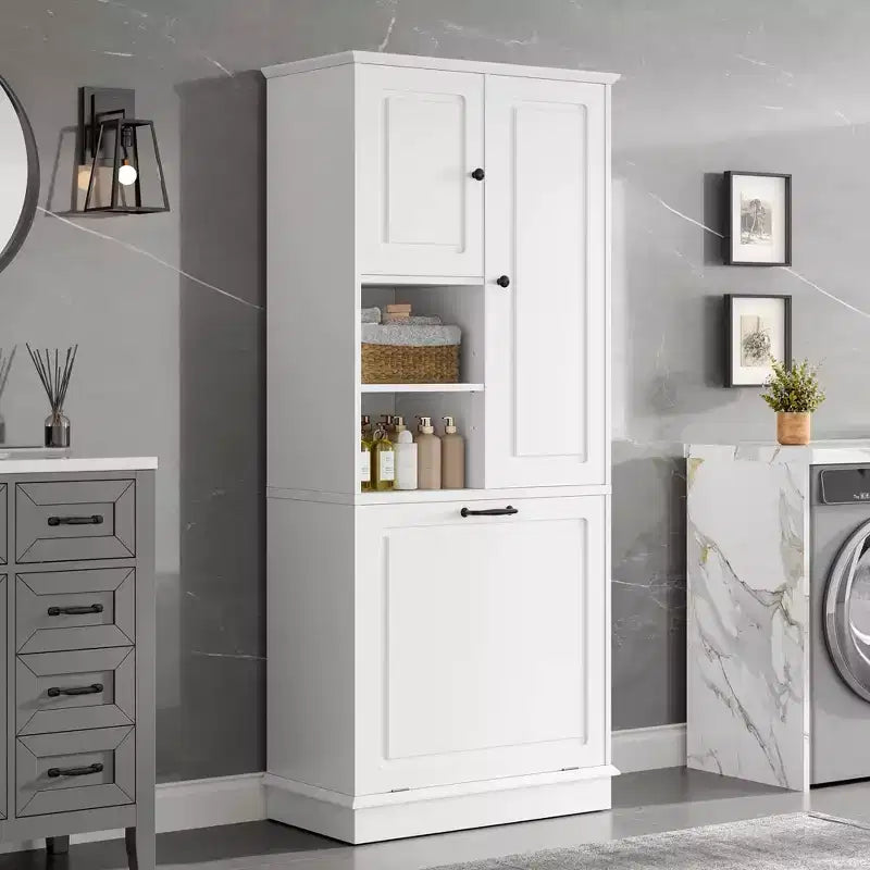 MAYEERTY Armoire de rangement haute avec étagères réglables, panier basculant, MDF et poignées en aluminium