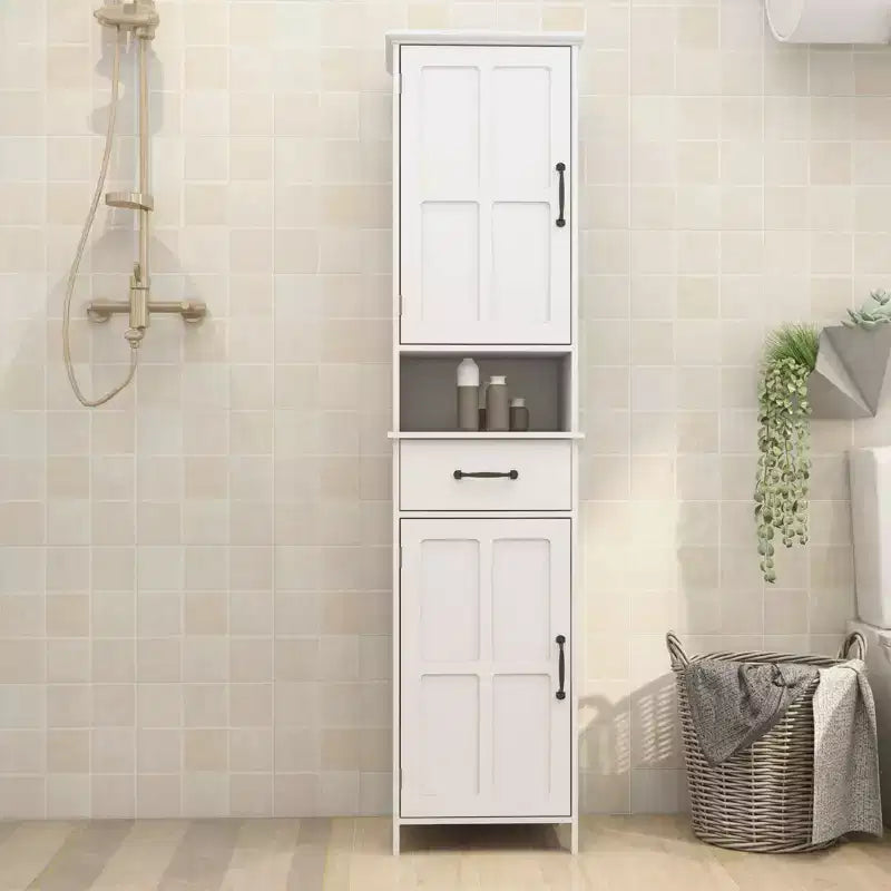 MAYEERTY Armoire étroite haute à double porte, meuble de rangement autonome avec espace fermé pour couloir et salle de bain