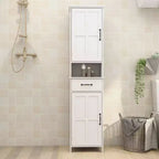 MAYEERTY Armoire étroite haute à double porte, meuble de rangement autonome avec espace fermé pour couloir et salle de bain