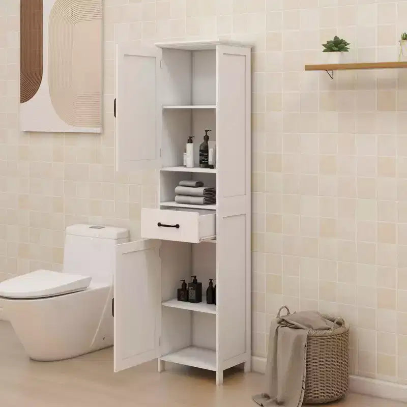 MAYEERTY Armoire étroite haute à double porte, meuble de rangement autonome avec espace fermé pour couloir et salle de bain