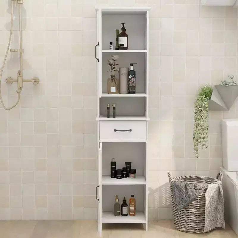MAYEERTY Armoire étroite haute à double porte, meuble de rangement autonome avec espace fermé pour couloir et salle de bain