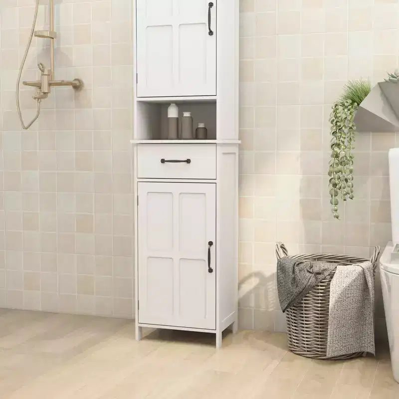 MAYEERTY Armoire étroite haute à double porte, meuble de rangement autonome avec espace fermé pour couloir et salle de bain