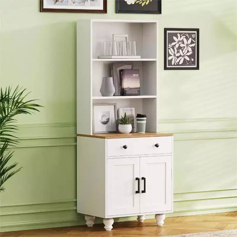 MAYEERTY Armoire de Rangement Blanche Style Ferme 4 Pieds en Bois Massif en Forme de Gourde 5 Étagères Réglables Tiroir