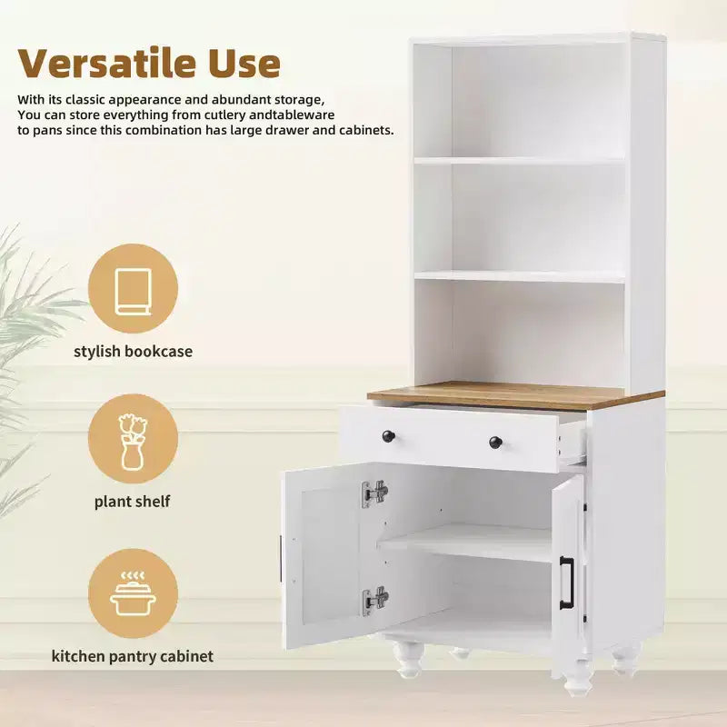 MAYEERTY Armoire de Rangement Blanche Style Ferme 4 Pieds en Bois Massif en Forme de Gourde 5 Étagères Réglables Tiroir