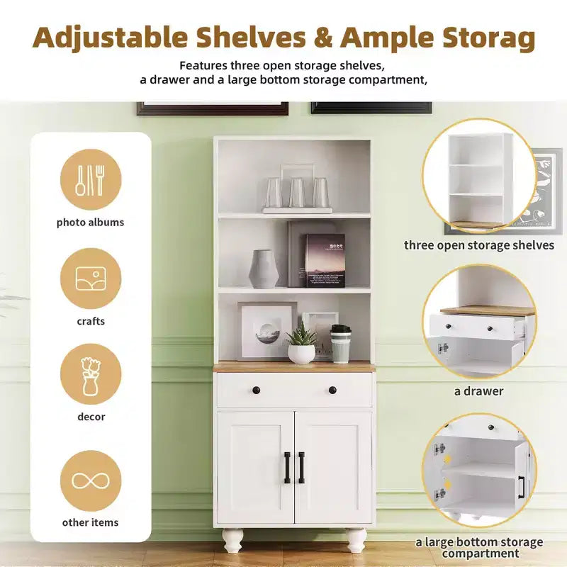 MAYEERTY Armoire de Rangement Blanche Style Ferme 4 Pieds en Bois Massif en Forme de Gourde 5 Étagères Réglables Tiroir