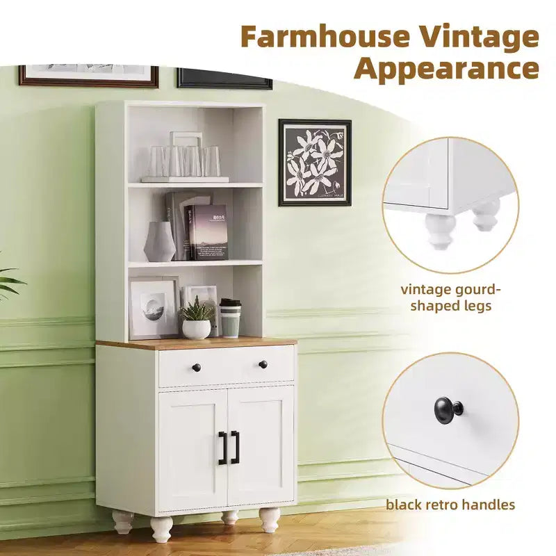 MAYEERTY Armoire de Rangement Blanche Style Ferme 4 Pieds en Bois Massif en Forme de Gourde 5 Étagères Réglables Tiroir
