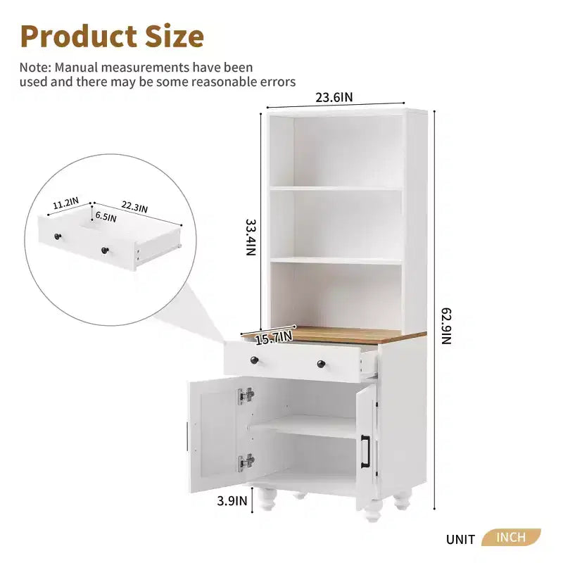 MAYEERTY Armoire de Rangement Blanche Style Ferme 4 Pieds en Bois Massif en Forme de Gourde 5 Étagères Réglables Tiroir