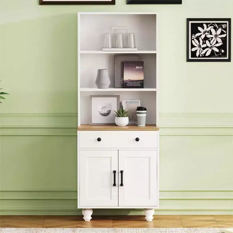 MAYEERTY Armoire de Rangement Blanche Style Ferme 4 Pieds en Bois Massif en Forme de Gourde 5 Étagères Réglables Tiroir