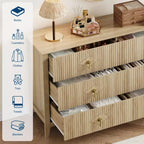 Commode cannelée à 6 tiroirs pour chambre à coucher, commode moderne de 137 cm de large avec poignées en métal, organisateur de commode en bois