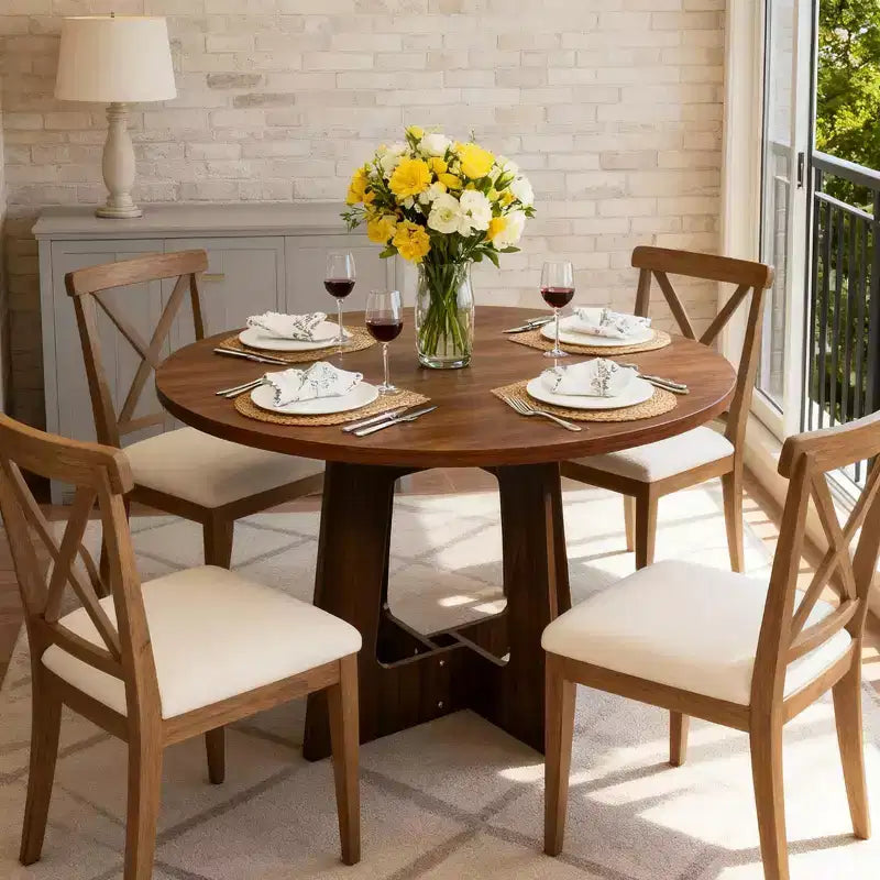 Table de salle à manger ronde COZONY 43.3 pour 4 personnes, table de cuisine en bois avec base en croix, table de salle à manger de style ferme pour la maison, la cuisine, les petits espaces